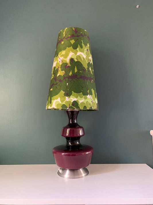 Large Mid Century Purple Glass 1960s Hooped Table Lamp incl Vintage Fabric Shade