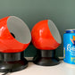 PAIR Danish Frandsen Ball Table Lamps 2X Red Enamel 1970s Vintage Retro Light Atomic Era