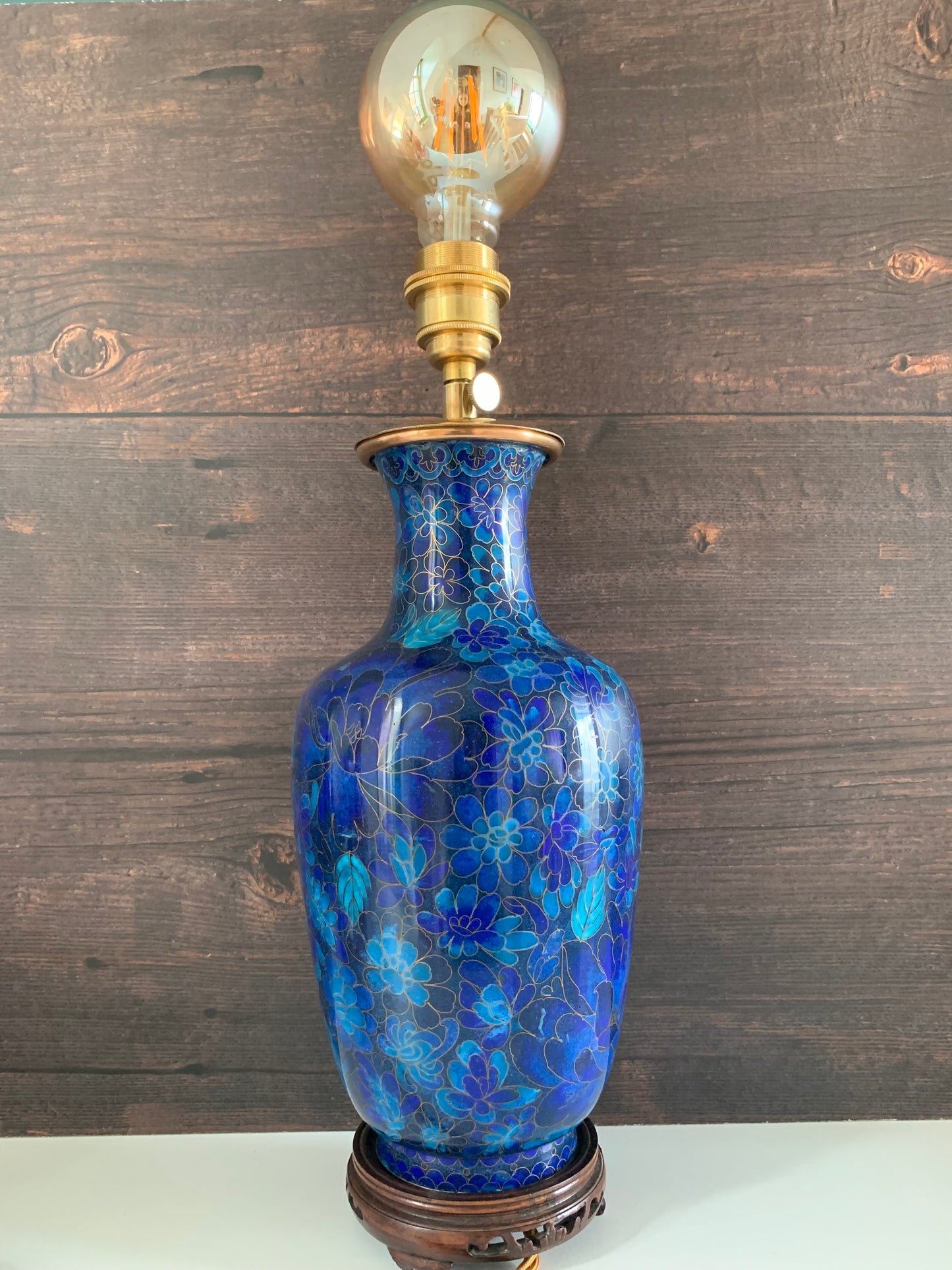 Large Turquoise Mid Century Chinese Cloisonne Copper Table Lamp