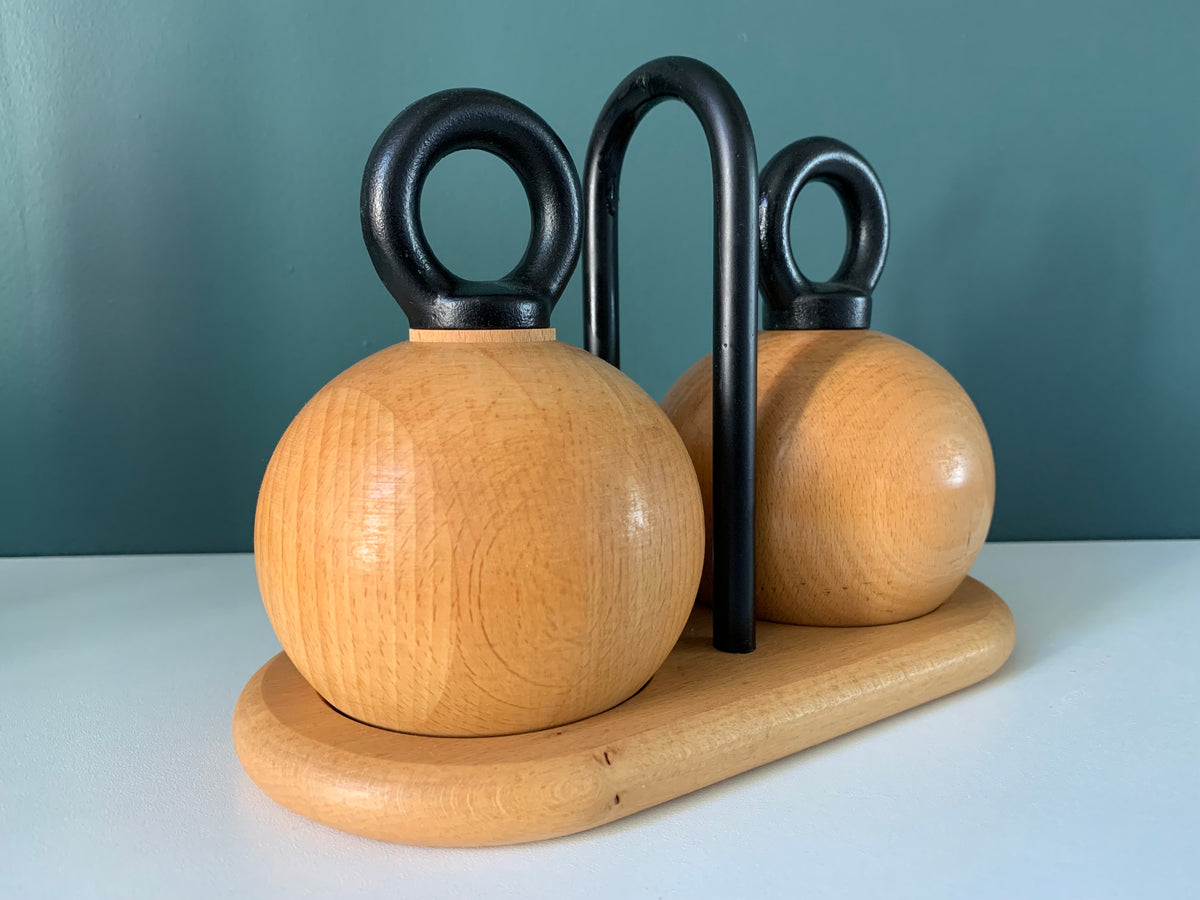 Bodum Nissen Danish Ball Boy Salt Pepper Mills & Stand Set Wood Quistgaard Era