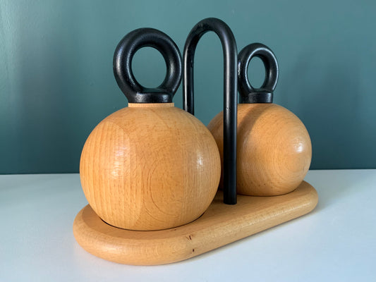 Bodum Nissen Danish Ball Boy Salt Pepper Mills & Stand Set Wood Quistgaard Era