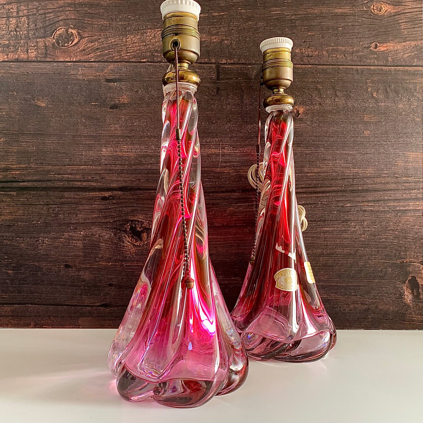 Large Val St Lambert Pink Crystal Glass Table Lamp 1930s 1940s