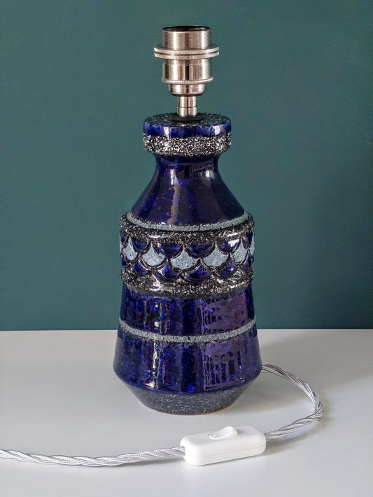 Mid Century Italian Cobalt Blue Silver Pottery Table Lamp Bitossi Ceramic 1960s 1970s