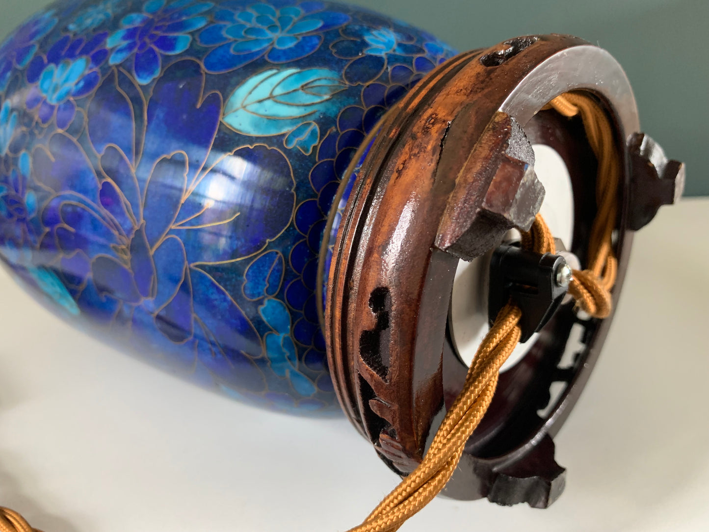 Large Turquoise Mid Century Chinese Cloisonne Copper Table Lamp