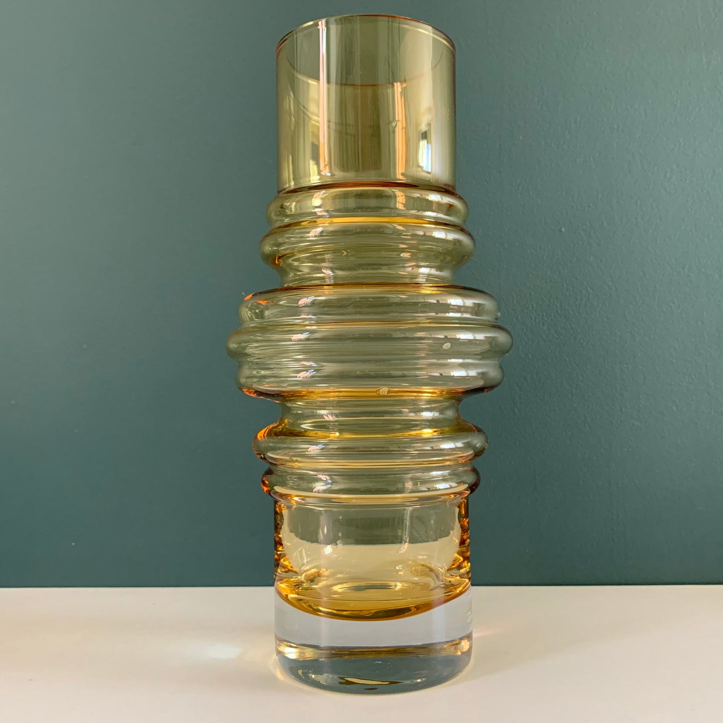 Vintage Riihimaki Finnish Amber Yellow Sputnik Glass Vase 1970s Space Age