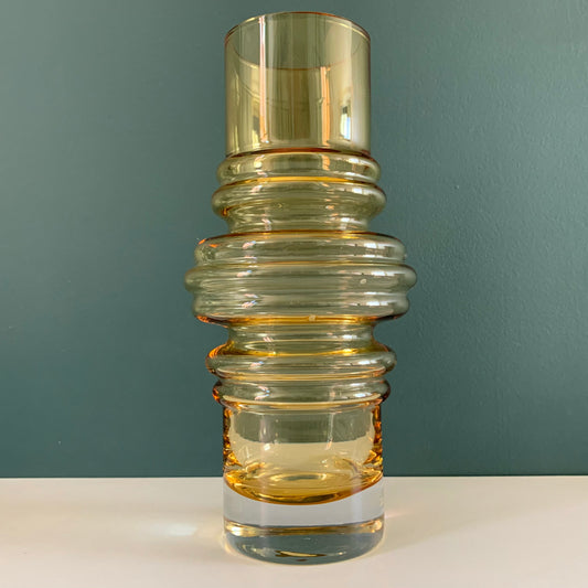 Vintage Riihimaki Finnish Amber Yellow Sputnik Glass Vase 1970s Space Age