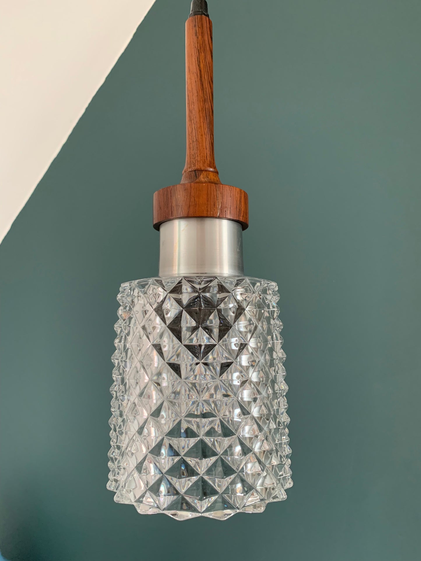 Mid Century Danish Swedish Teak Glass Teak Pendant Ceiling Lamp Scandinavian Light