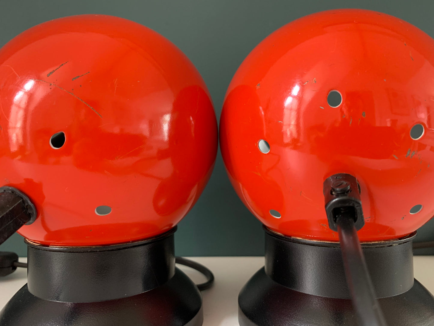 PAIR Danish Frandsen Ball Table Lamps 2X Red Enamel 1970s Vintage Retro Light Atomic Era