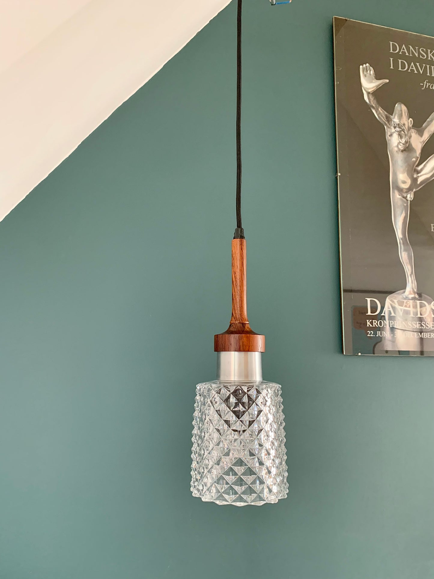 Mid Century Danish Swedish Teak Glass Teak Pendant Ceiling Lamp Scandinavian Light