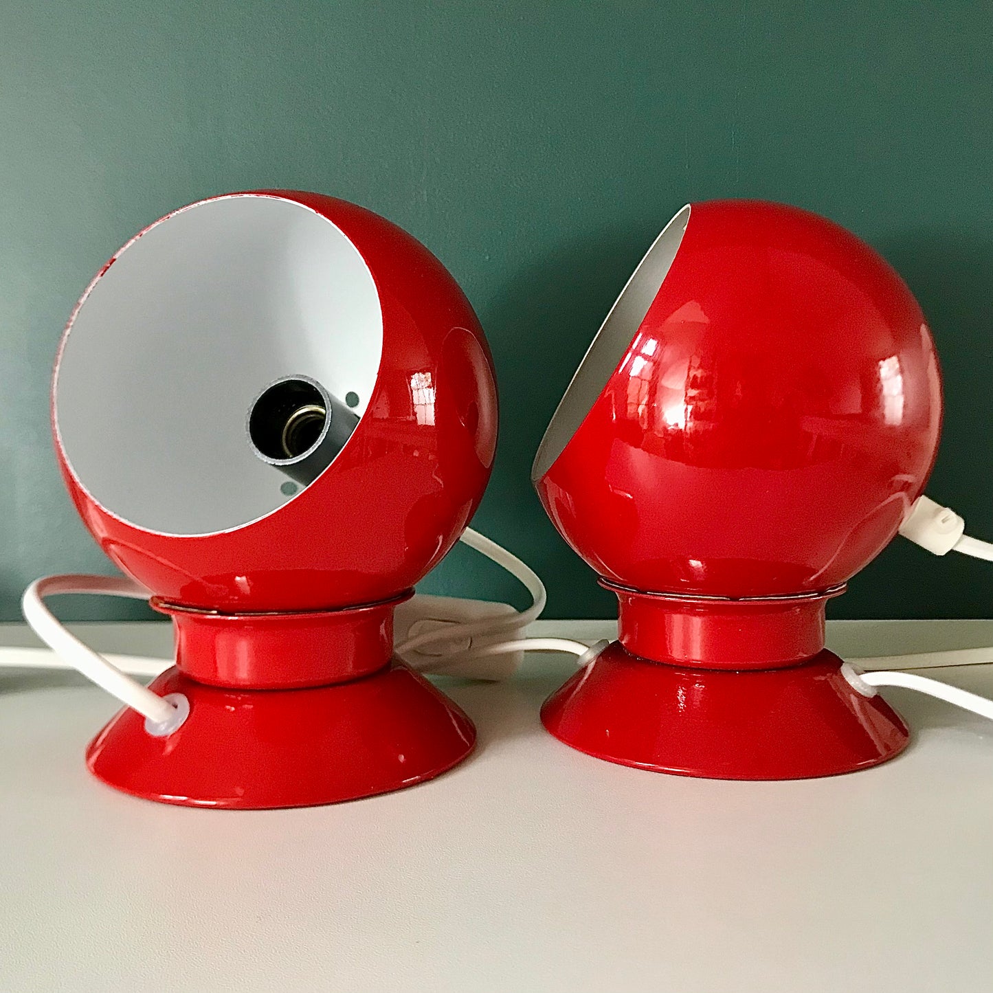 PAIR Danish Frandsen Ball Table Lamps 2X Red Enamel 1970s Vintage Retro Light Atomic Era