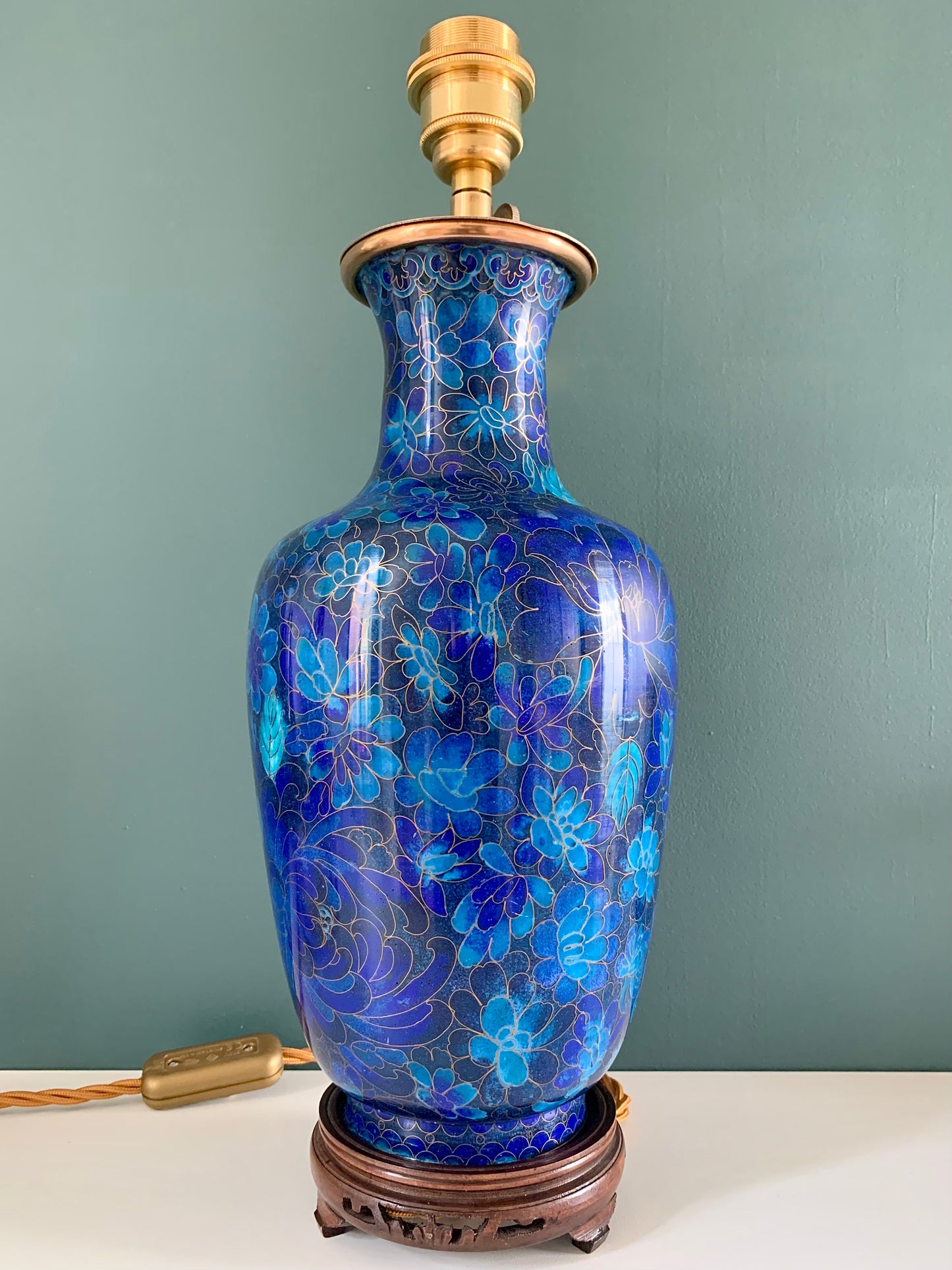 Large Turquoise Mid Century Chinese Cloisonne Copper Table Lamp