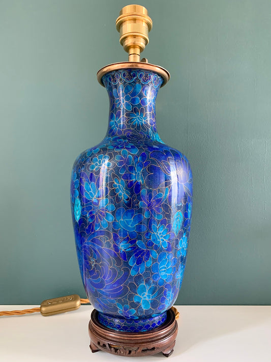 Large Turquoise Mid Century Chinese Cloisonne Copper Table Lamp