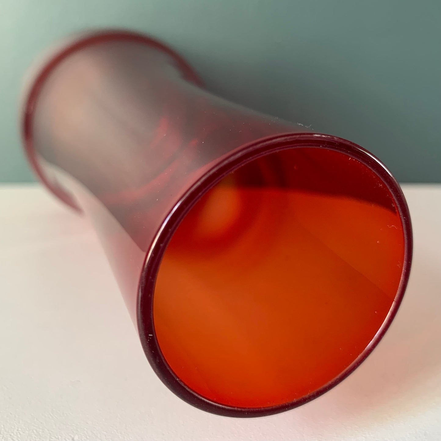 Riihimaki Mid Century Red Glass Chimney Vase Scandinavian Finnish Design