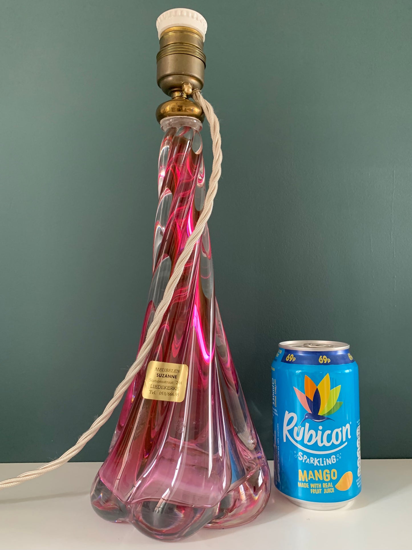 Large Val St Lambert Pink Crystal Glass Table Lamp 1930s 1940s