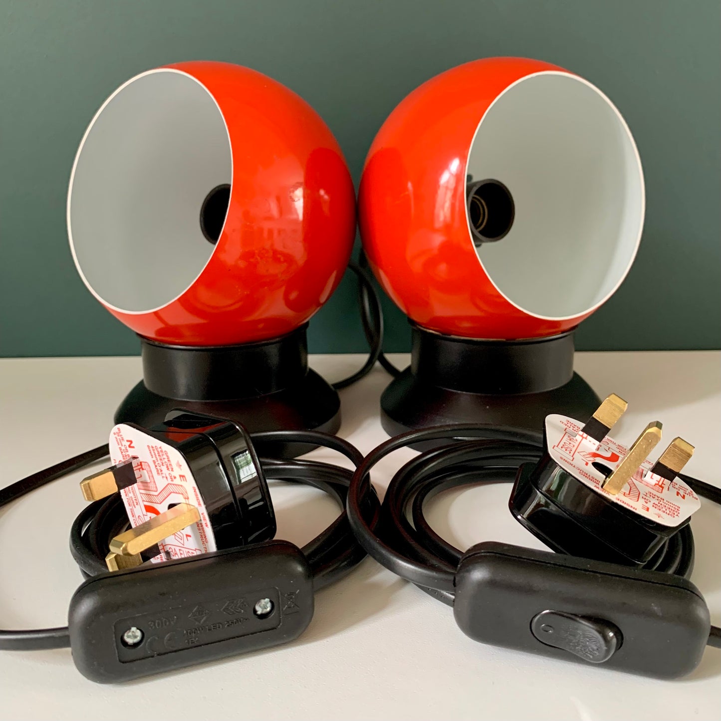 PAIR Danish Frandsen Ball Table Lamps 2X Red Enamel 1970s Vintage Retro Light Atomic Era