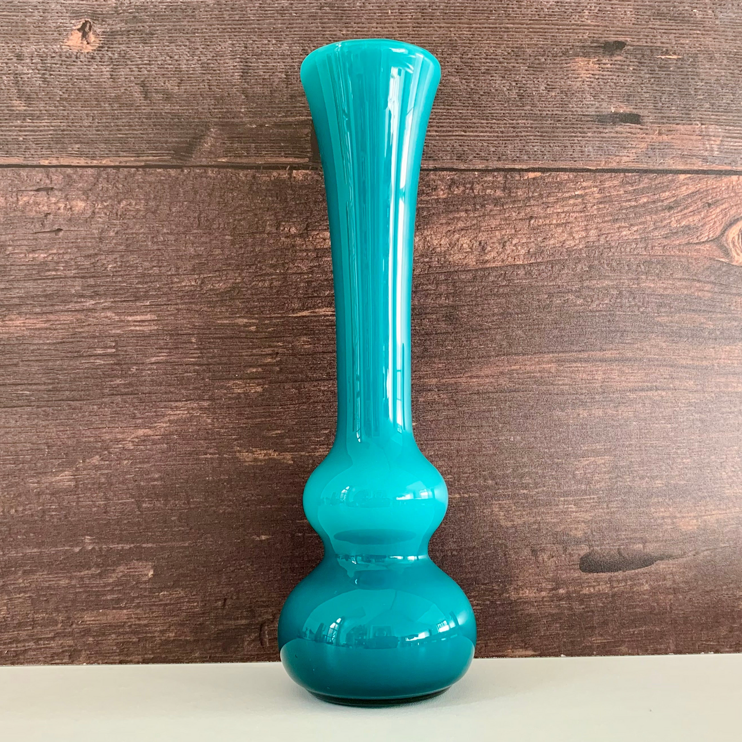 Mid Century Empoli Italian Teal Blue Glass Vase Hooped Cased