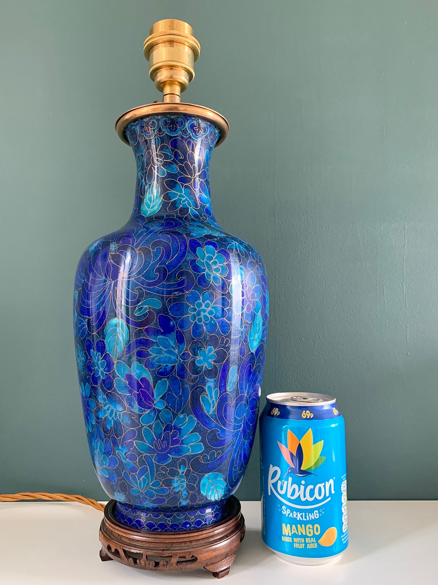 Large Turquoise Mid Century Chinese Cloisonne Copper Table Lamp