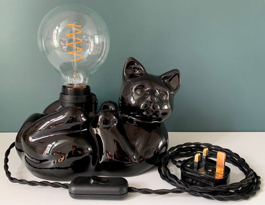 Vintage Black Cat Ceramic Table Lamp British English 1970s