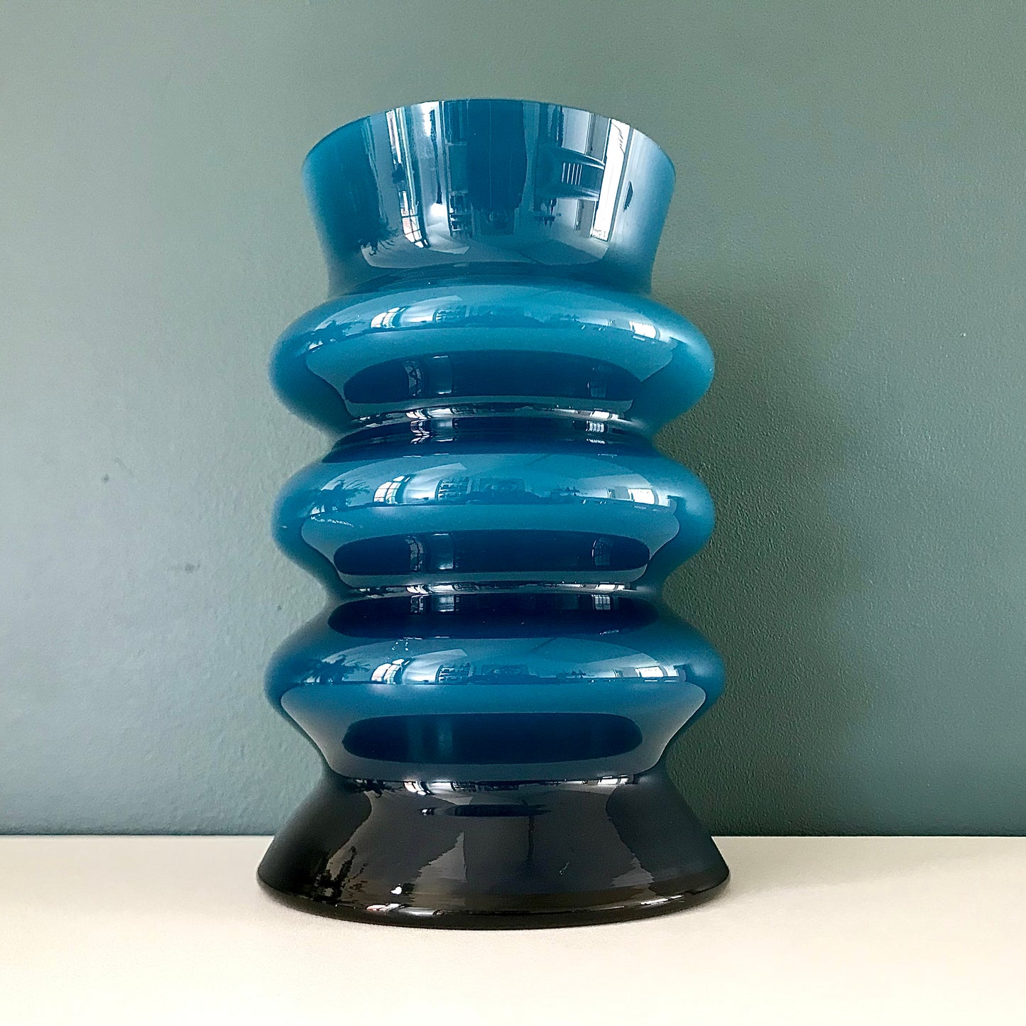 Aseda Swedish Blue Hooped Glass Vase Petrol Turquoise 1960s 1970s Retro