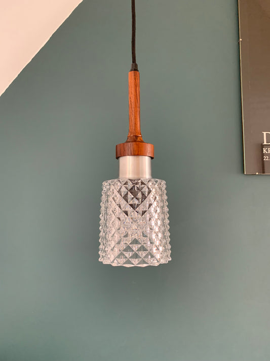 Mid Century Danish Swedish Teak Glass Teak Pendant Ceiling Lamp Scandinavian Light