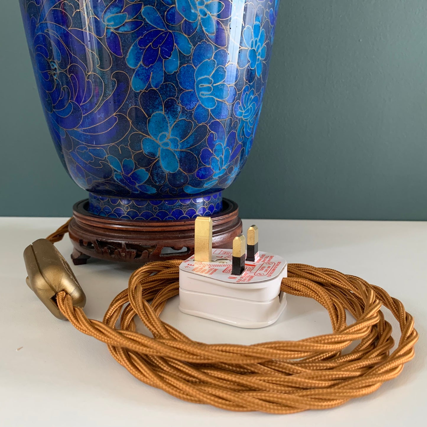 Large Turquoise Mid Century Chinese Cloisonne Copper Table Lamp