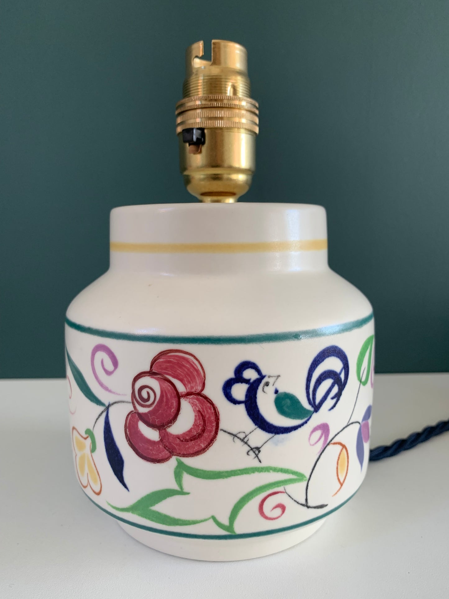 Vintage English Poole Pottery Floral Ceramic Table Lamp 1950s British