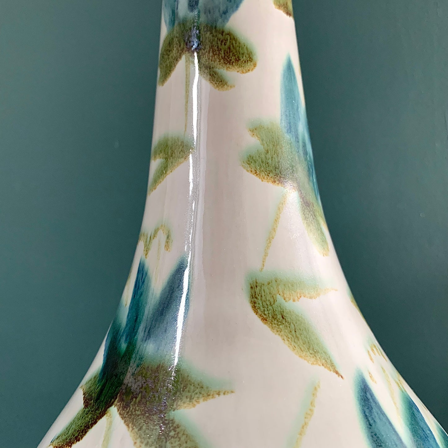 Vintage Green Floral Ceramic Table Lamp Boho Scandi Pottery 1960s 1970s