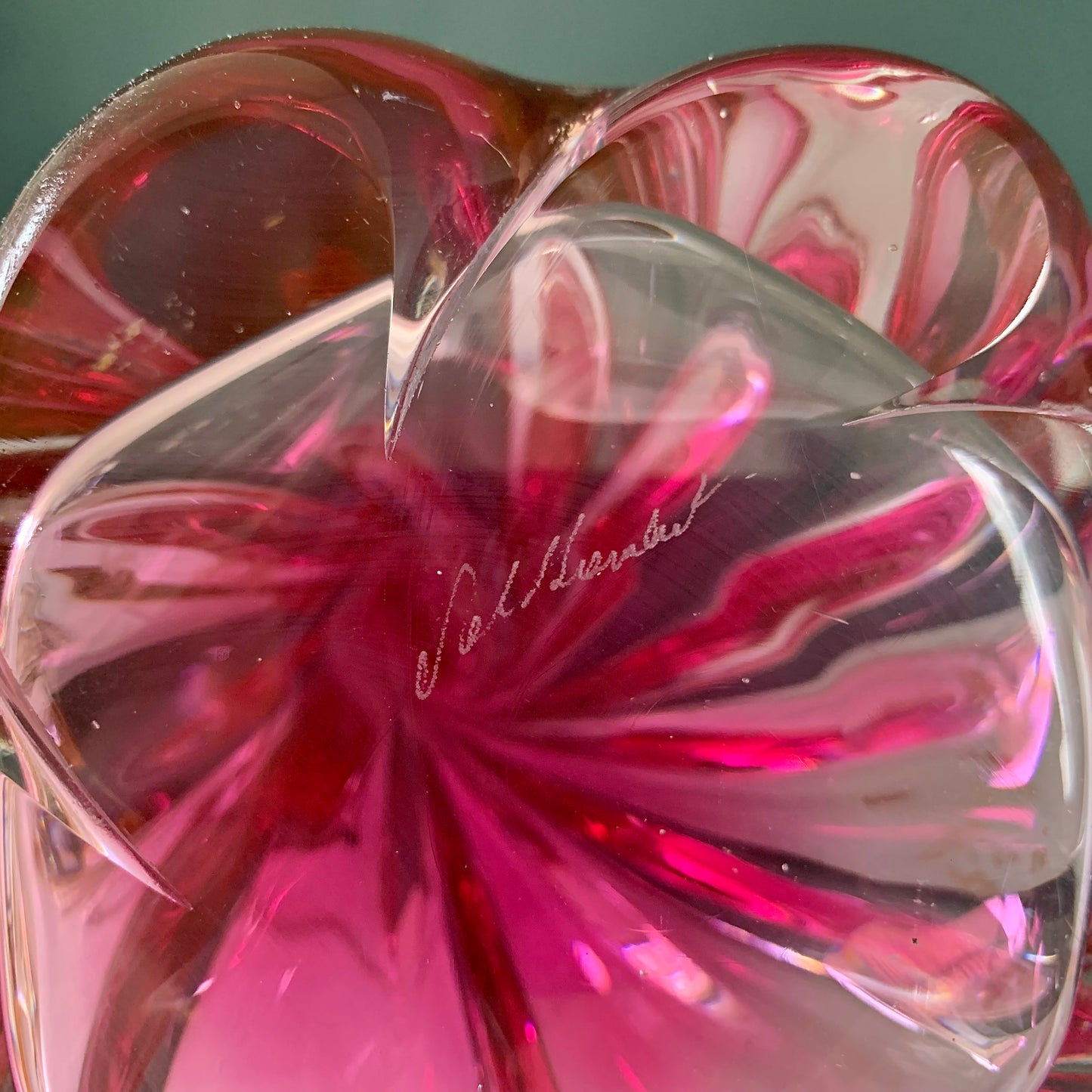 Large Val St Lambert Pink Crystal Glass Table Lamp 1930s 1940s