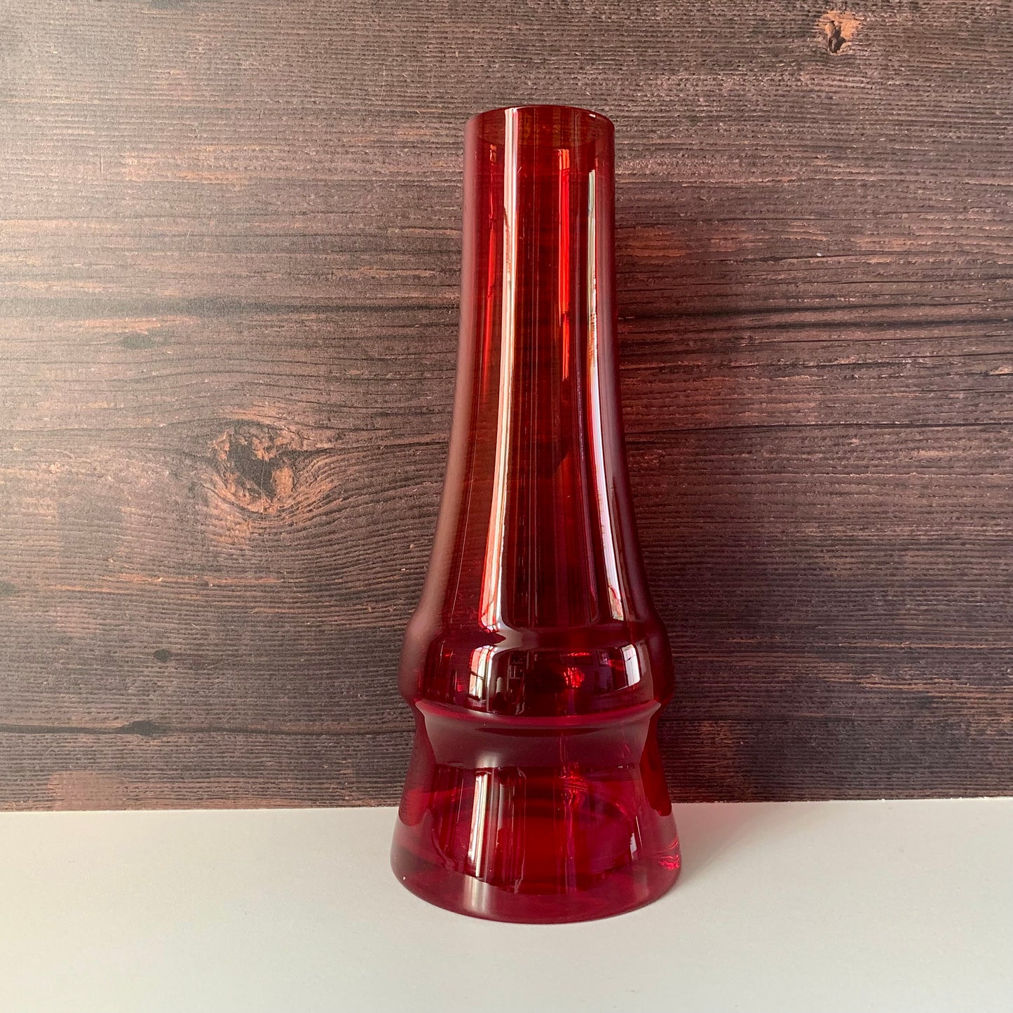Riihimaki Mid Century Red Glass Chimney Vase Scandinavian Finnish Design