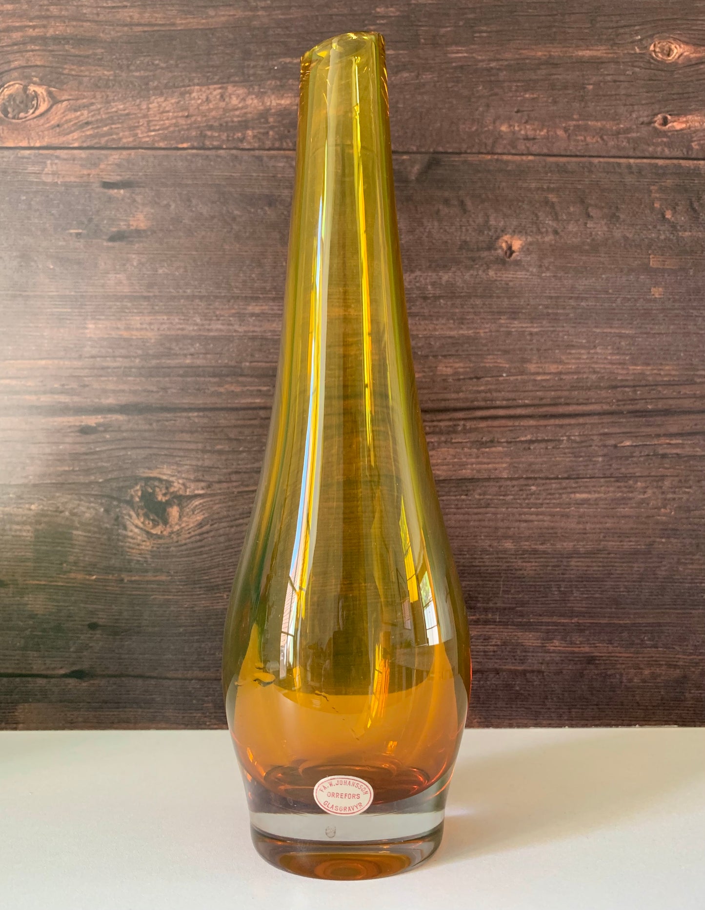Vintage Swedish Johansen Orrefors Amber Yellow Glass Vase 1970s