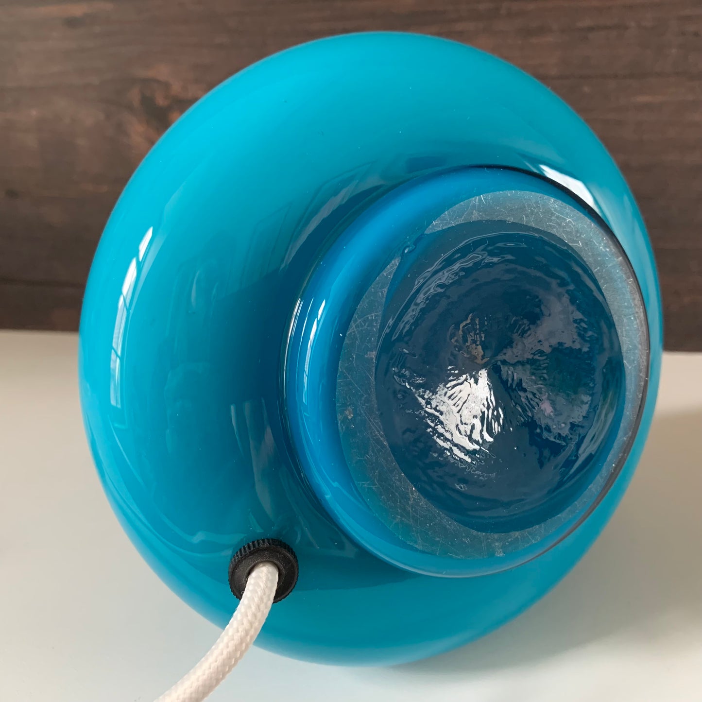 Mid Century Empoli Italian Teal Blue Turquoise Hooped Glass Table Lamp