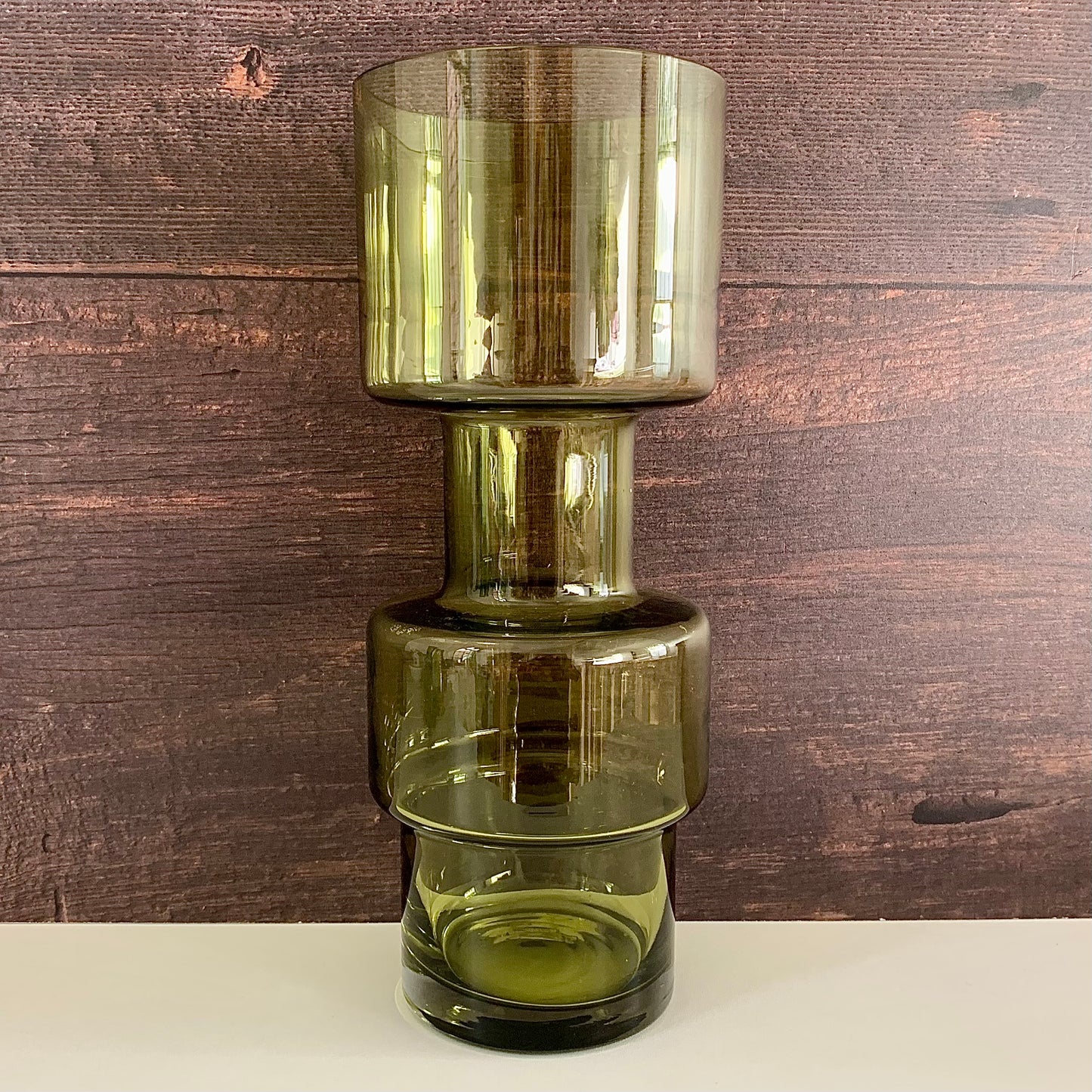 Riihimaki Olive Green Camshaft Glass Vase 1960s 1970s Khaki Avocado Cog Industrial Style Finnish Retro