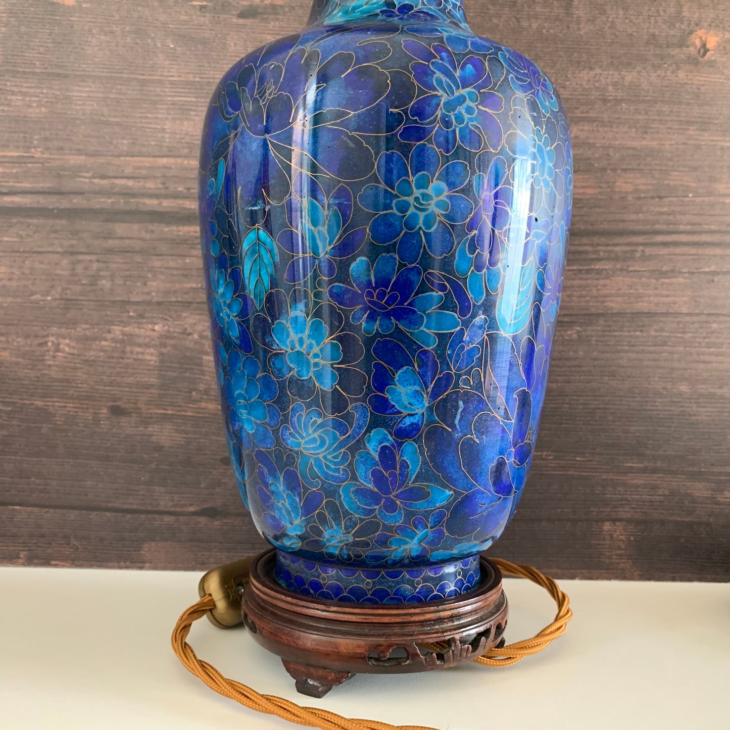 Large Turquoise Mid Century Chinese Cloisonne Copper Table Lamp