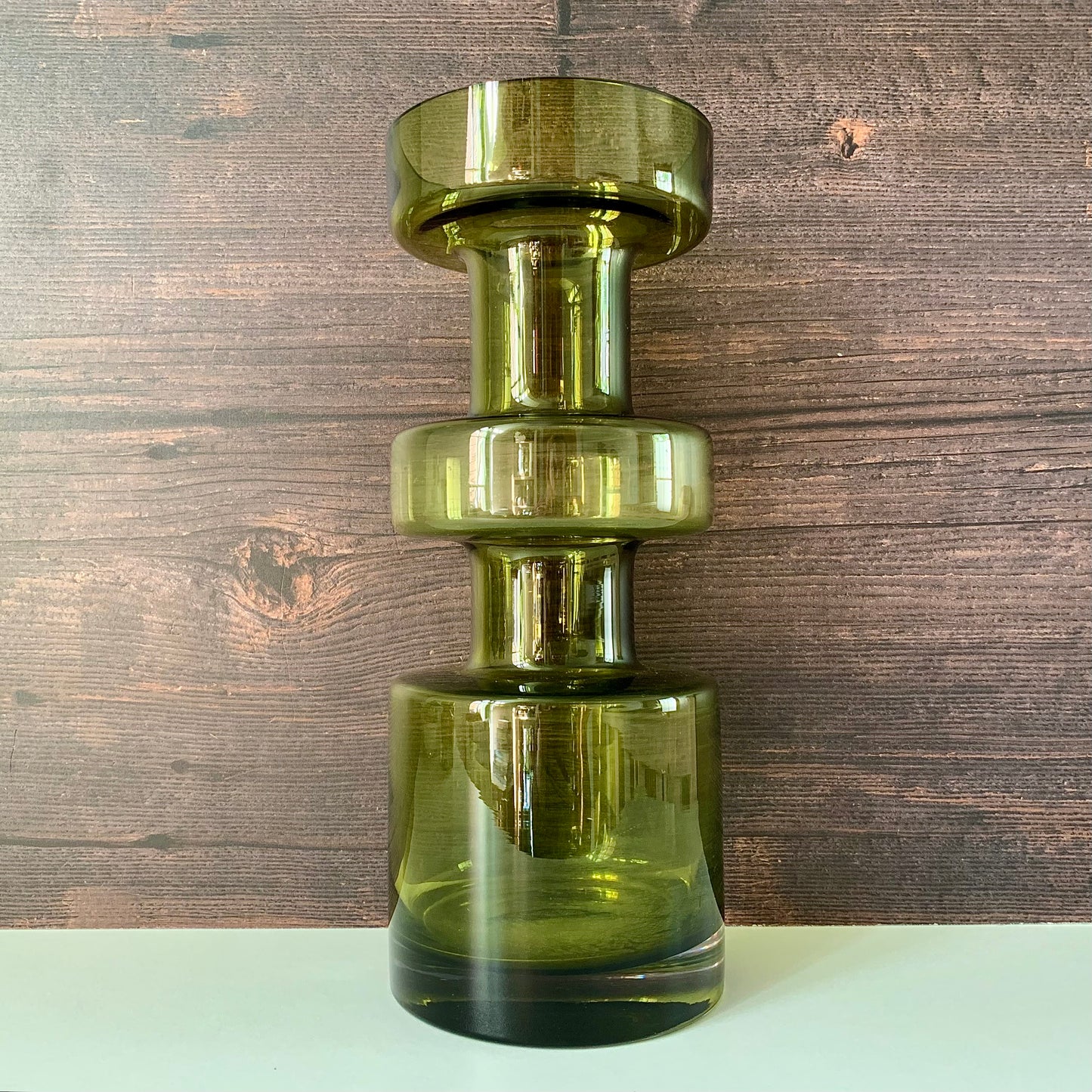 Riihimaki Olive Green Cog Glass Vase 1960s 1970s Khaki Avocado Camshaft Industrial Style Finnish Retro