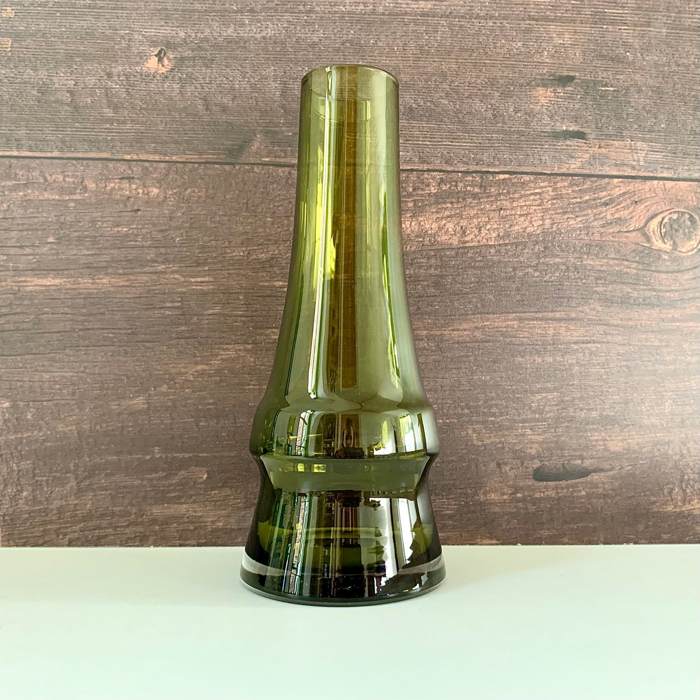 Riihimaki Vintage Olive Green Chimney Glass Vase Khaki Scandinavian Finnish Design