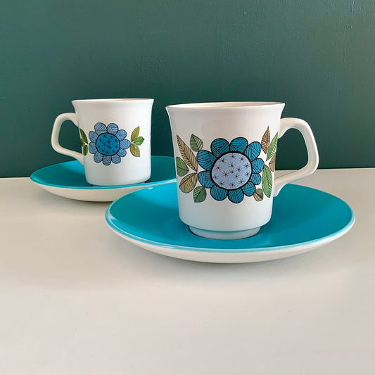 J&G Meakin Topic Blue Ceramic Espresso Cups & Saucers British English 1960s 1970s Gifts Presents
