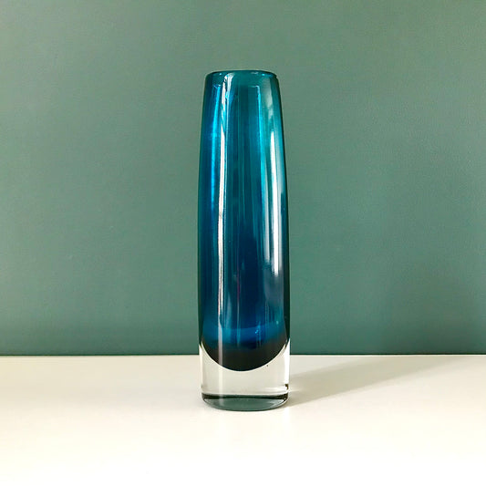 Vintage Gullaskruf Swedish Teal Blue Glass Bud Vase Retro Scandinavian
