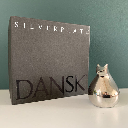 Boxed Dansk Designs Silver Cat Paperweight Swedish Danish Retro Vintage Office Job Work