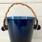 Vintage Blue Glass Ice Bucket Wicker Handle Mens Dads Gift Present