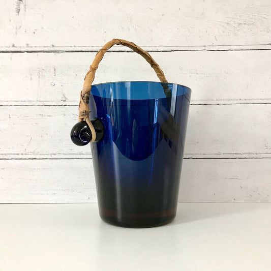 Vintage Blue Glass Ice Bucket Wicker Handle Mens Dads Gift Present