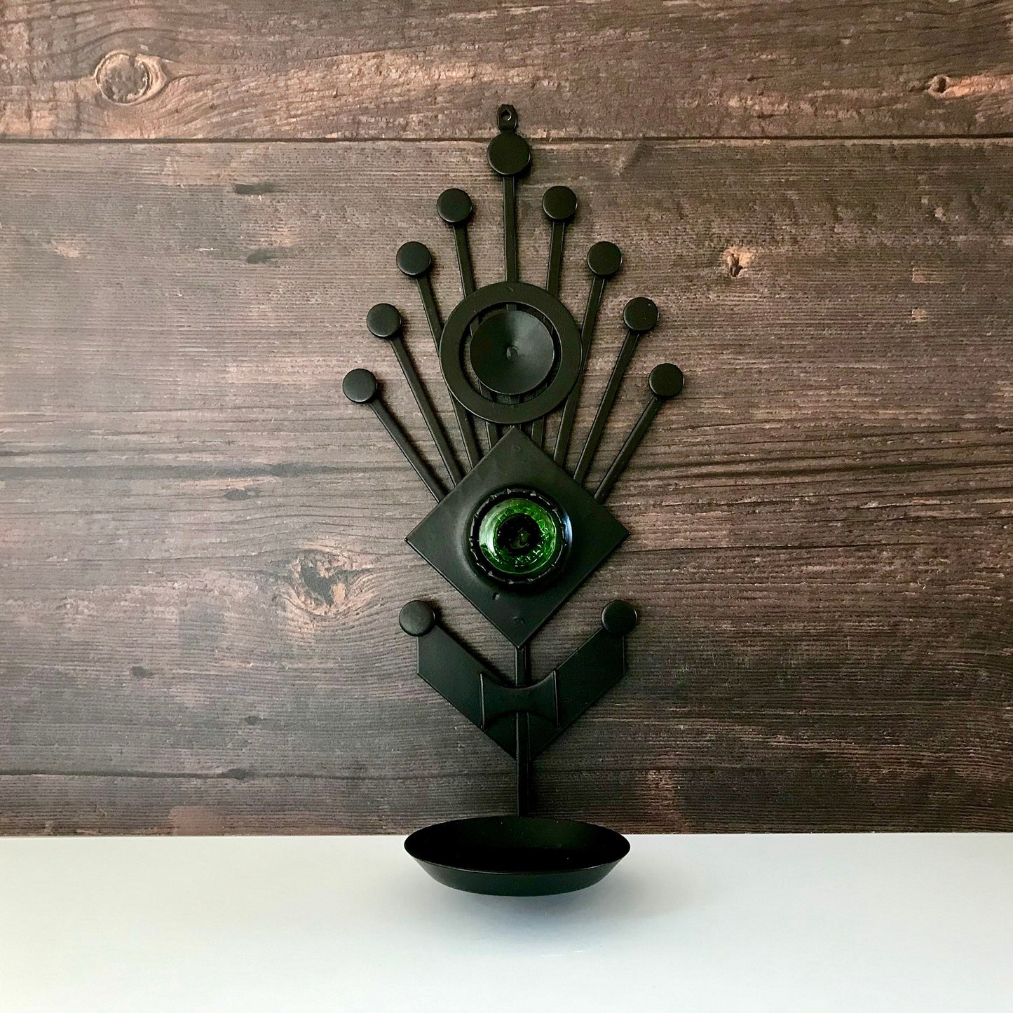 Dantoft Danish Iron Green Glass Wall Relief Candle Holder Sconce 1960s