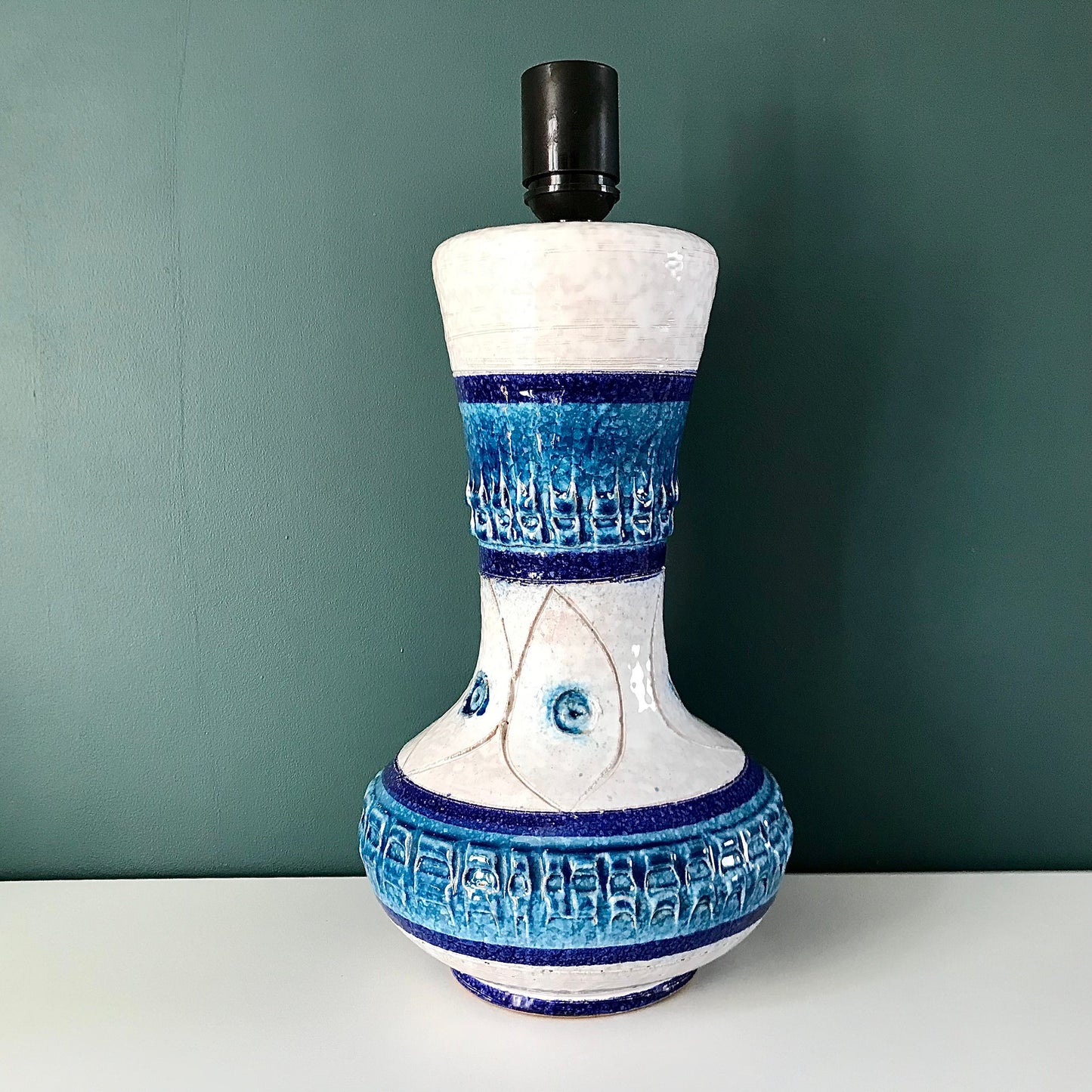 LARGE Bitossi White Rimini Blue Pottery Table Lamp Ceramic Bedside 1960s 1970s Turquoise