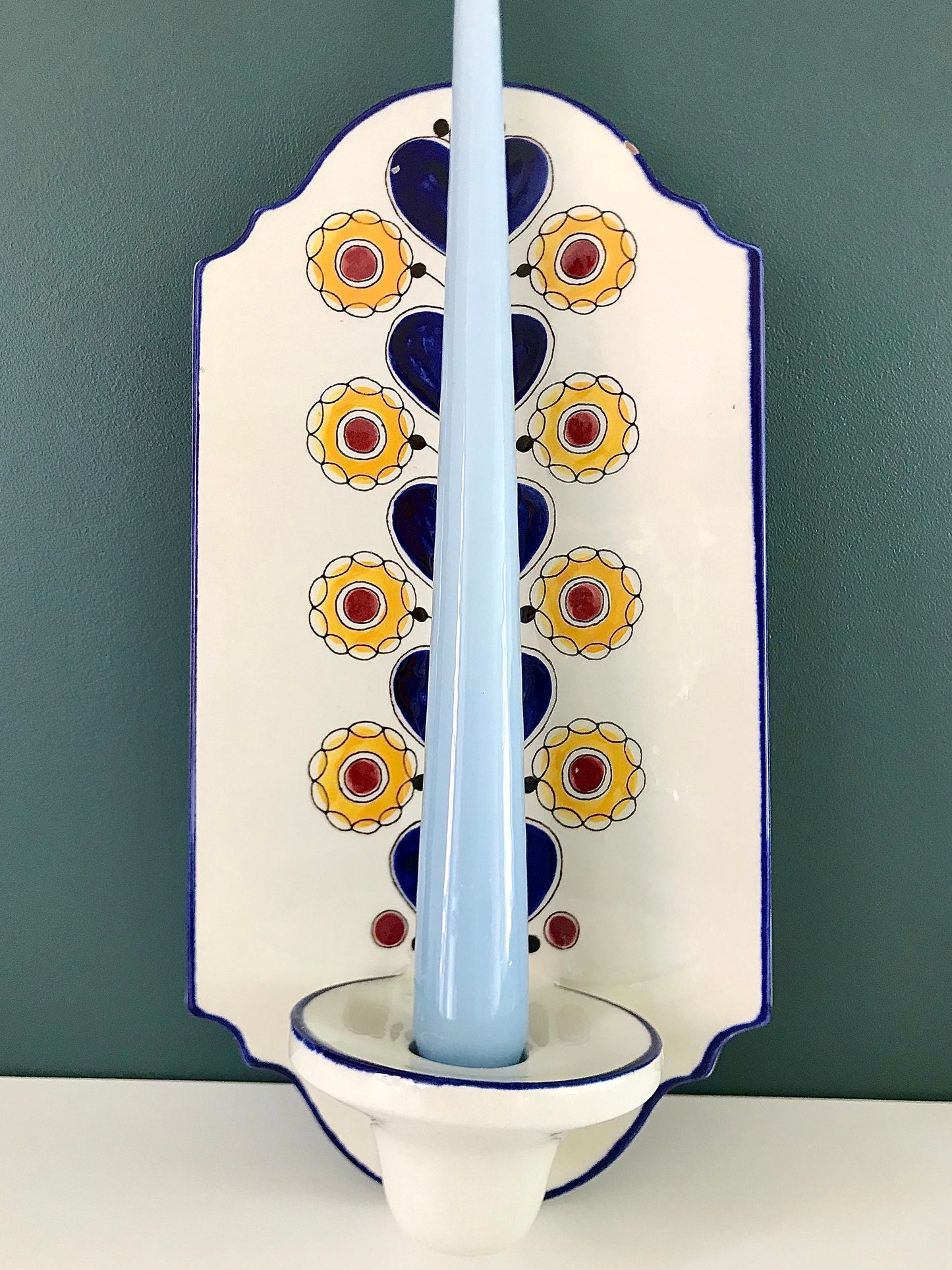 Knabstrup Danish Blue Wall Candle Holder Sconce Traditional Scandi Folk Art 1960s 1970s