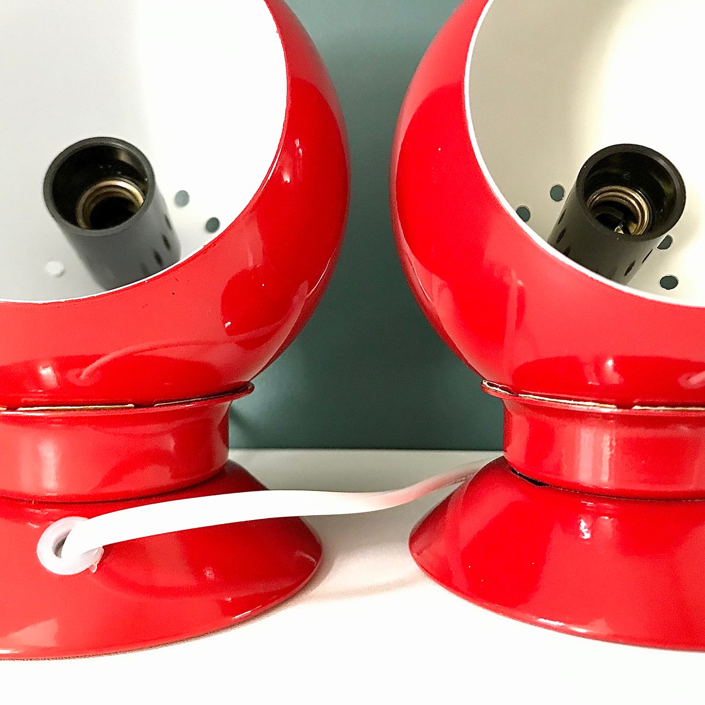 PAIR Danish Frandsen Ball Table Lamps 2X Red Enamel 1970s Vintage Retro Light Atomic Era