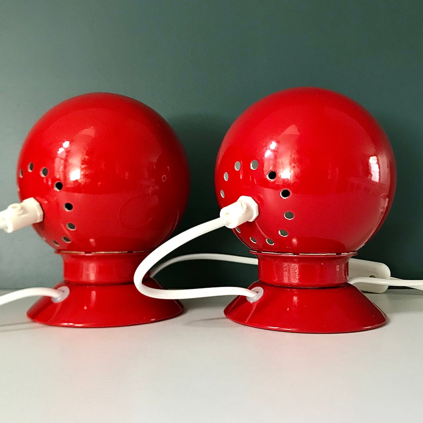 PAIR Danish Frandsen Ball Table Lamps 2X Red Enamel 1970s Vintage Retro Light Atomic Era