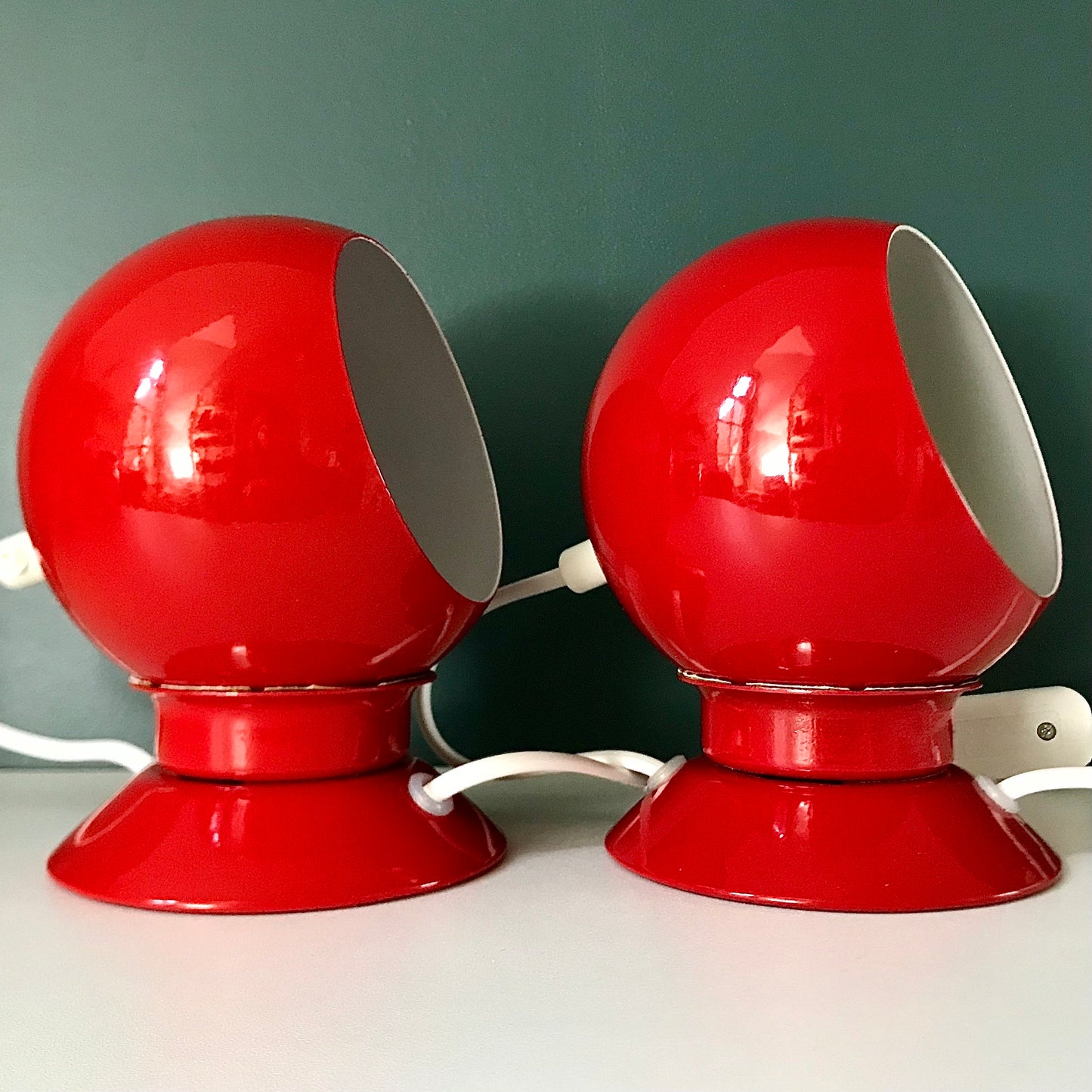 PAIR Danish Frandsen Ball Table Lamps 2X Red Enamel 1970s Vintage Retro Light Atomic Era