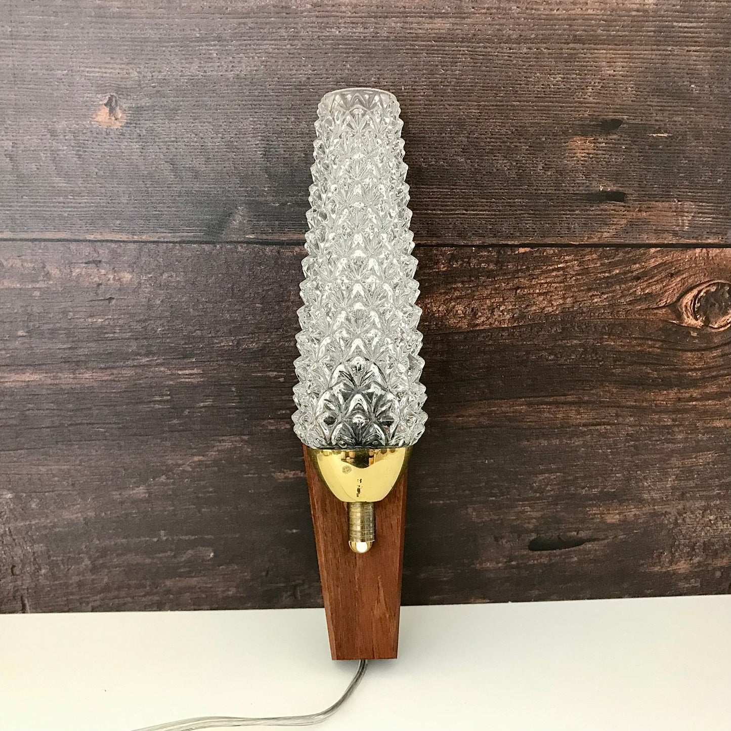 Danish Wood Glass Sconce Wall Lamp 1960s Teak Retro Swedish Pineapple Light